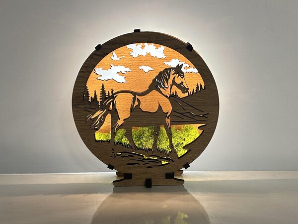 "Kůň s mechem" dřevěná lampa s dvojitým podsvícením 20x22 cm dub