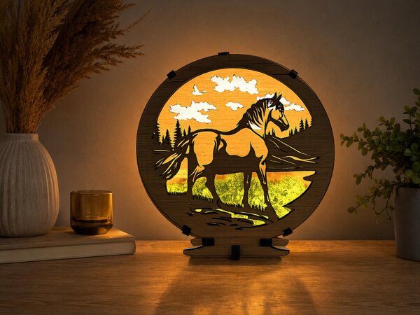 "Kůň s mechem" dřevěná lampa s dvojitým podsvícením 20x22 cm dub