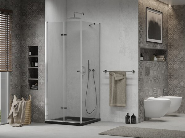 Mexen Lima, sprchový kout se skládacími dveřmi 80 (dveře) x 80 (stěna) cm, 6mm čiré sklo, chromový profil + slim sprchová vanička černá + chromový sifon, 856-080-080-01-00-4070