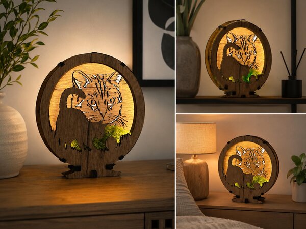 "Kočka s mechem" dřevěná lampa s dvojitým podsvícením 20x22 cm dub