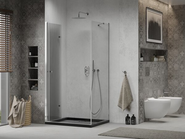 Mexen Lima, sprchový kout se skládacími dveřmi 100 (dveře) x 80 (stěna) cm, 6mm čiré sklo, chromový profil + slim sprchová vanička černá + chromový s…