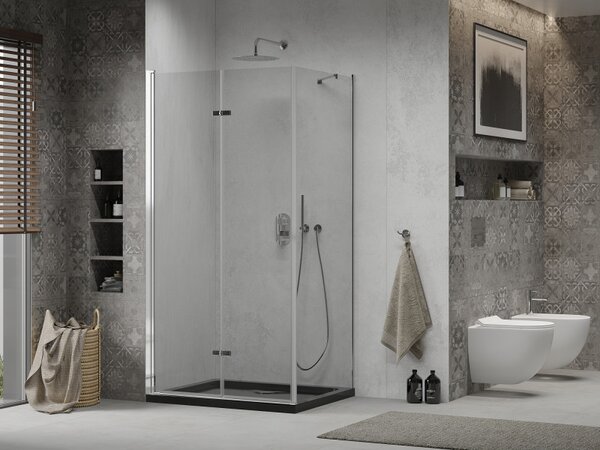 Mexen Lima, sprchový kout se skládacími dveřmi 100 (dveře) x 80 (stěna) cm, 6mm čiré sklo, chromový profil + slim sprchová vanička černá + chromový s…