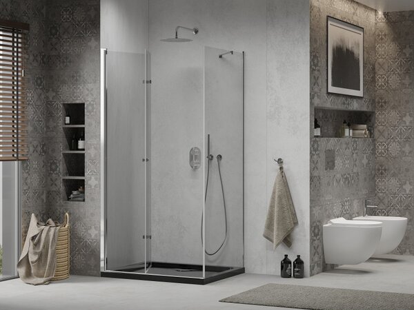 Mexen Lima, sprchový kout se skládacími dveřmi 100 (dveře) x 80 (stěna) cm, 6mm čiré sklo, chromový profil + slim sprchová vanička černá + chromový s…