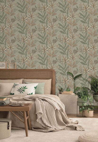 Vliesová tapeta na zeď, zelená, hnědá, imitace látky, listy, TN29083, Terra Nova, Decoprint