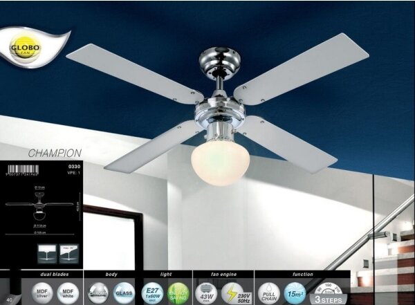 GLOBO 0330 - Stropní ventilátor CHAMPION 1xE27/60W/230V