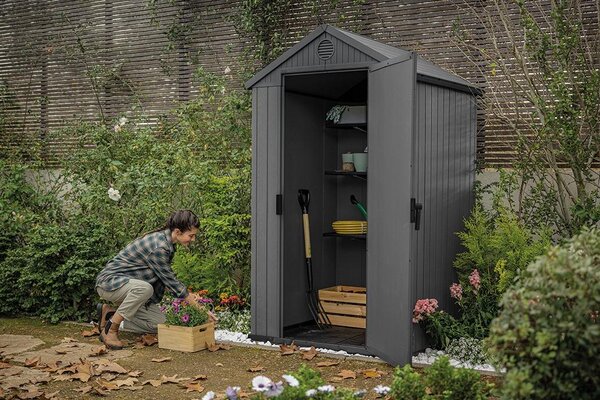 Plastový zahradní domek na nářadí se sedlovou střechou Keter Darwin 4x4 - 205 x 116,7 x 125,8 cm - šedý