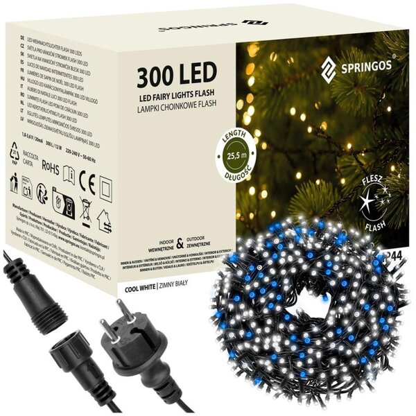 LED světelný řetěz - 25,5m, 300LED, IP44, studená bílá + záblesky