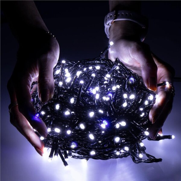 LED světelný řetěz - 25,5m, 300LED, IP44, studená bílá + záblesky