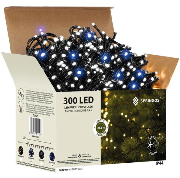 LED světelný řetěz - 25,5m, 300LED, IP44, studená bílá + záblesky