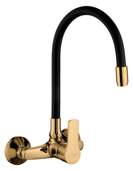 Invena Verso, nástěnná kuchyňská baterie 150mm s elastickým ramenem, černá matná-zlatá lesklá, INV-BC-82-E49-L