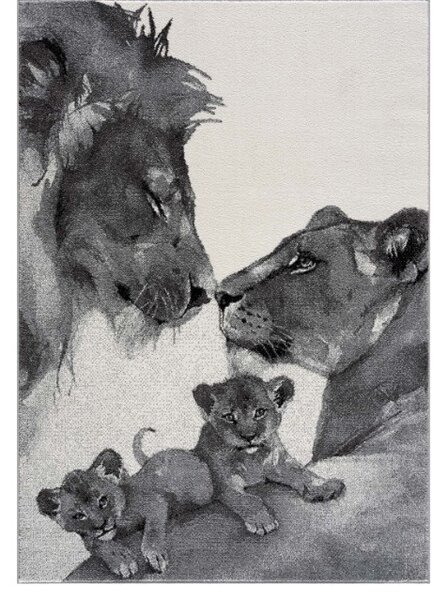 Moderní šedý koberec s motivem lví rodiny