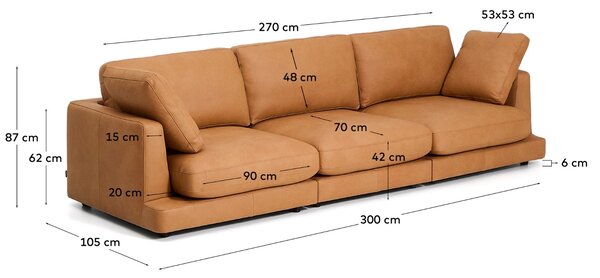 Kave Home Hnědá kožená čtyřmístná pohovka Gala 300 cm