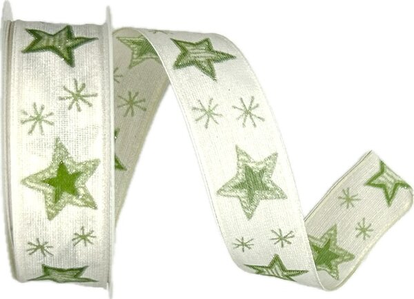 Stuha vánoční CHRISTMAS GREEN STARS Bílá 25mm x 3m (9,-Kč/m)