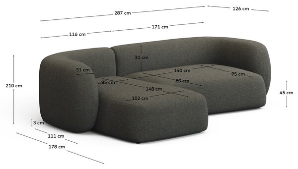 Kave Home Zelená rohová pohovka Martina 287 cm, levá