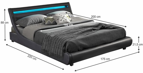KONDELA Manželská postel s RGB LED osvětlením, černá, 160x200, FELINA