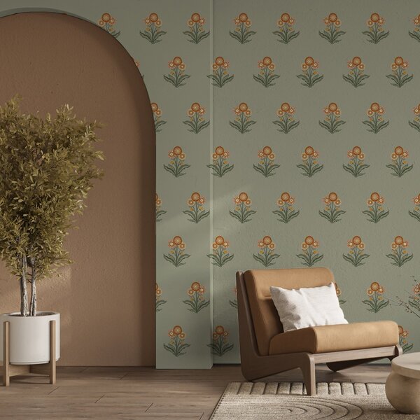 Tapety Stylizované květiny na olivovém pozadí, teplé tóny, Tapety květiny, a00494v2 : uwalls.cz