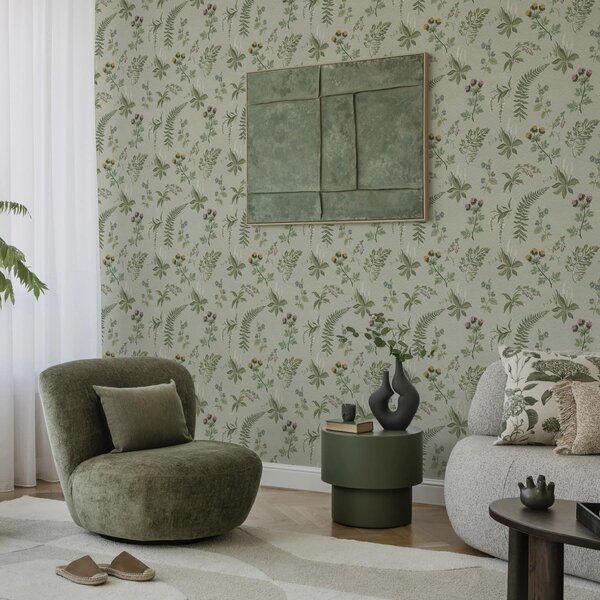 Tapety Botanické trávy a kapradiny na světle šedozeleném podkladu, Tapety květiny, a00498 : uwalls.cz