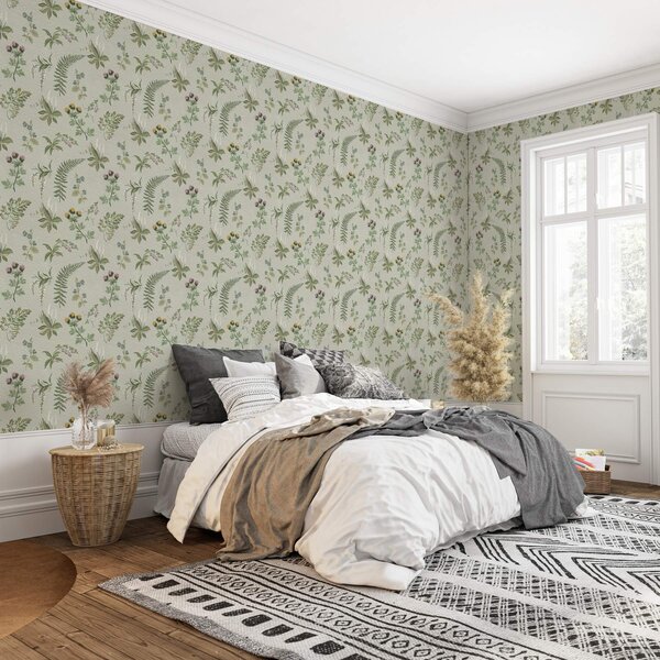 Tapety Botanické trávy a kapradiny na světle šedozeleném podkladu, Tapety květiny, a00498 : uwalls.cz