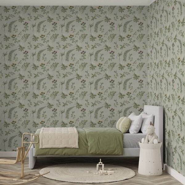 Tapety Botanické trávy a kapradiny na světle šedozeleném podkladu, Tapety květiny, a00498 : uwalls.cz