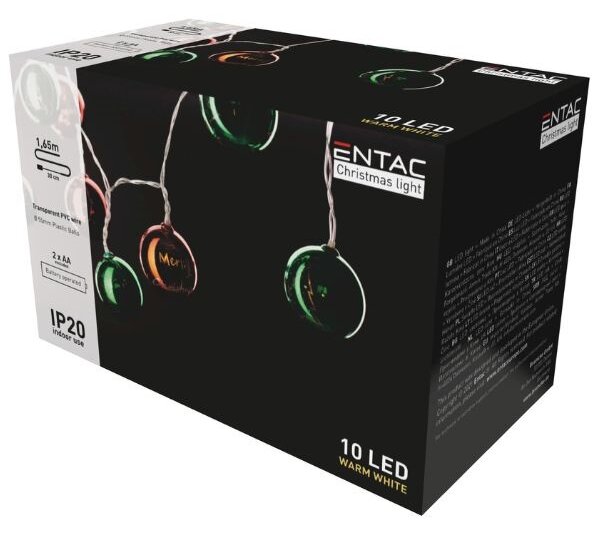 LED vánoční řetěz 1,35m, vnitřní, teplé světlo, 10 LED koulí 5,5cm, na baterie AA