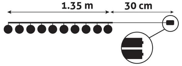 LED vánoční řetěz 1,35m, vnitřní, teplé světlo, 10 LED koulí 5,5cm, na baterie AA