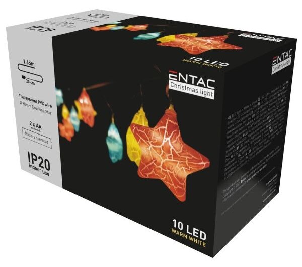 LED vánoční řetěz 1,35m, vnitřní, teplé světlo, 10 LED hvězd 8cm, na baterie AA