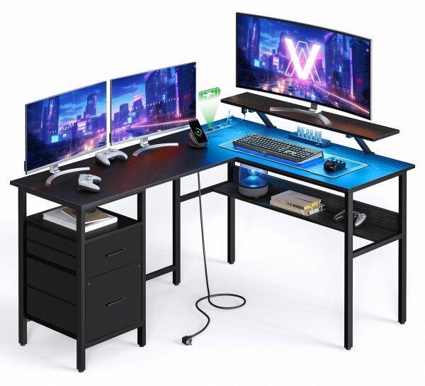 Psací stůl s podsvícením SOLEA-X 150x120 cm hnědá/černá