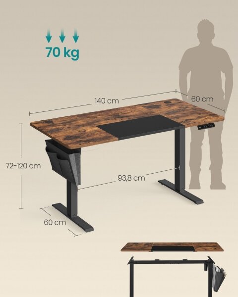 Výškově nastavitelný psací stůl SOLEA-X 140x60 cm hnědá/černá