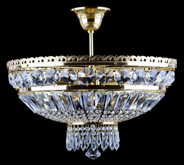 DBK GLASS 6 žárovek - Zlatý mosazný košový křišťálový lustr s velkými broušenými hlavičkami a lichoběžníky 7126-6-S
