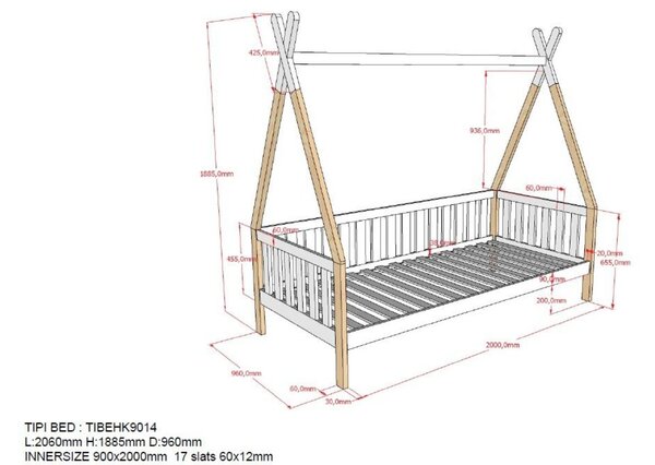 Borovicová postel Vipack Tipi 90 x 200 cm se zábranami