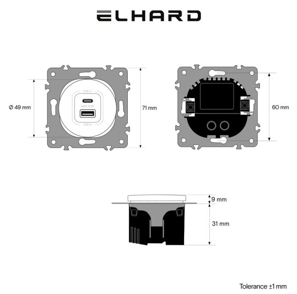 Elhard Kulatá USB A+C zásuvka Rondo 20W, černá RD2033B