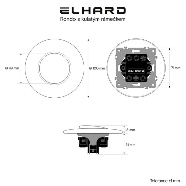 Elhard Kulatý vypínač Rondo č.1 s kulatým rámečkem, stříbrný - kompletní RD5001S