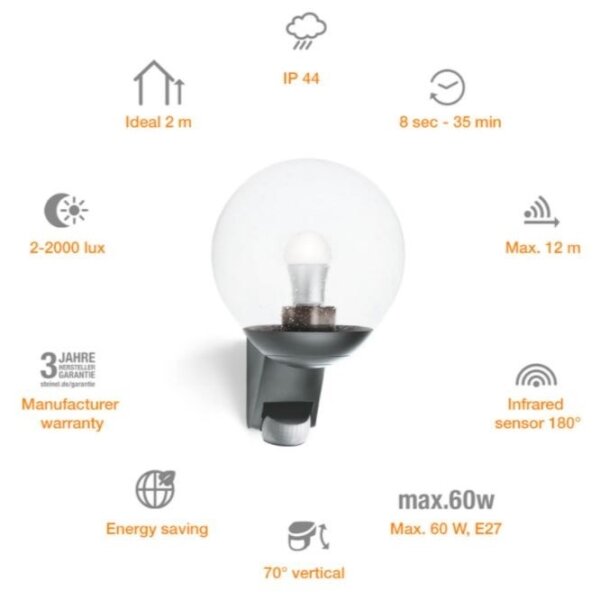 Steinel 035723- Venkovní nástěnné svítidlo se senzorem L585S 1xE27/60W/230V IP44