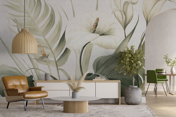 Fototapety Bílé kaly a zelené tropické listy, botanická ilustrace, světlé pozadí, vintage styl, texturované, Fototapety květiny, w09423 : uwalls.cz