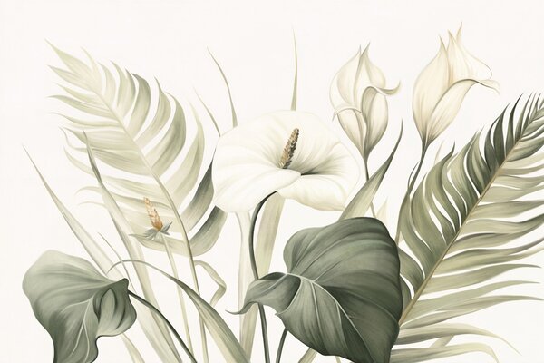 Fototapety Bílé kaly a zelené tropické listy, botanická ilustrace, světlé pozadí, vintage styl, texturované, Fototapety květiny, w09423 : uwalls.cz