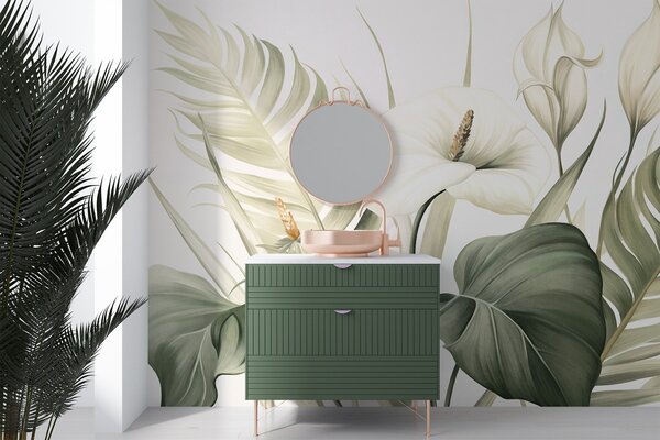 Fototapety Bílé kaly a zelené tropické listy, botanická ilustrace, světlé pozadí, vintage styl, texturované, Fototapety květiny, w09423 : uwalls.cz