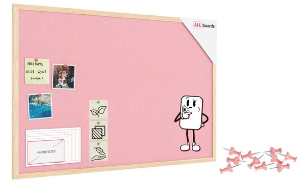 Textilní (plstěná) tabule 90 × 60 cm, růžová, v lakovaném dřevěném rámu,TFPINK96P