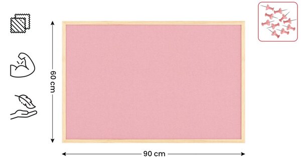 Textilní (plstěná) tabule 90 × 60 cm, růžová, v lakovaném dřevěném rámu,TFPINK96P