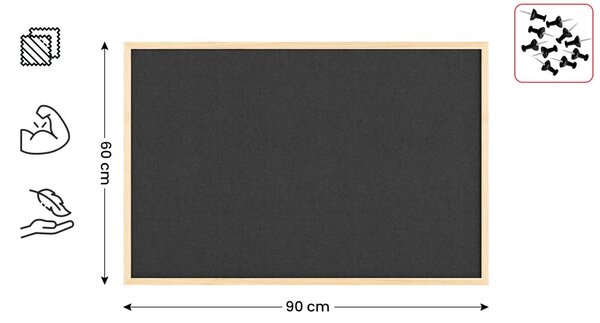 Textilní (plstěná) tabule 90 × 60 cm, šedá, v lakovaném dřevěném rámu, TFGREY96G