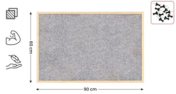 Textilní (plstěná) tabule 90 × 60 cm, světle šedá, v lakovaném dřevěném rámu, TFLIGHTG96G