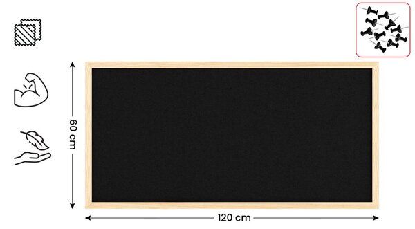 Textilní (plstěná) tabule 80 × 40 cm, černá, v lakovaném dřevěném rámu, TFBLACK84BK