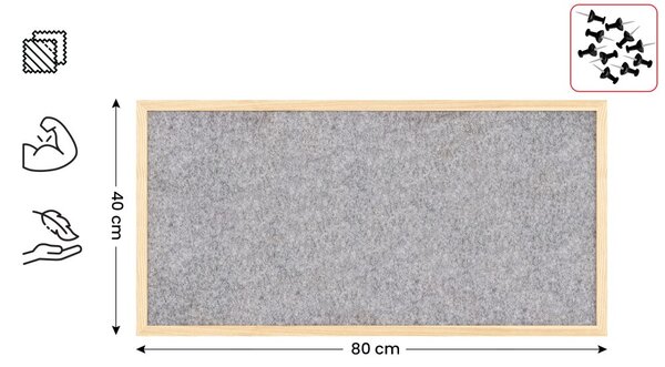 Textilní (plstěná) tabule 80 × 40 cm, světle šedá, v lakovaném dřevěném rámu, TFLIGHTG84G