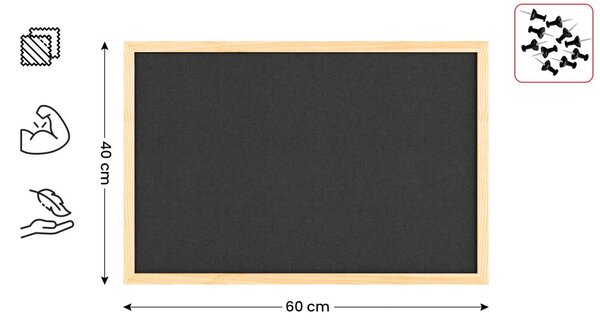 Textilní (plstěná) tabule 60 × 40 cm, šedá, v lakovaném dřevěném rámu, TFGREY64G