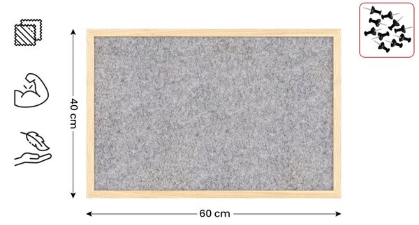 Textilní (plstěná) tabule 60 × 40 cm, světle šedá, v lakovaném dřevěném rámu, TFLIGHTG64G