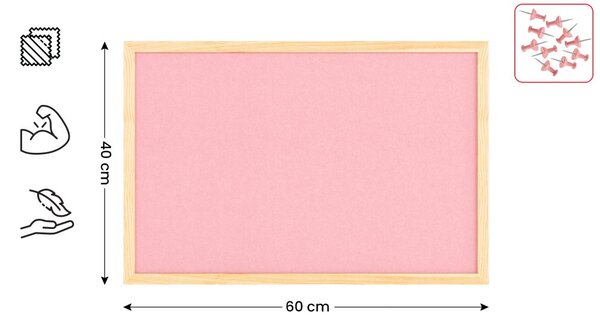 Textilní (plstěná) tabule 60 × 40 cm, růžová, v lakovaném dřevěném rámu, TFPINK64P