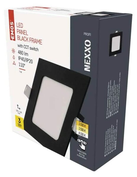 EMOS ZD2323 NEXXO - Podhledový černý LED panel, 7W, 480lm, 3000 + 3500 + 4000K, IP40/IP20, 12 x 12cm (Vestavné černé čtvercové svítidlo do sádrokartonu se změnou barvy světla)