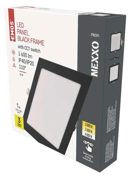 EMOS ZD2343 NEXXO - Podhledový černý LED panel, 18W, 1600lm, 3000 + 3500 + 4000K, IP40/IP20, 22,5 x 22,5cm (Vestavné černé čtvercové svítidlo do sádrokartonu se změnou barvy světla)