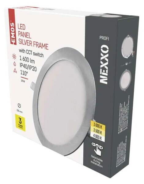 EMOS ZD1243 NEXXO - Podhledový stříbrný LED panel, 18W, 1600lm, 3000 + 3500 + 4000K, IP40/IP20, Ø 22,5cm (Vestavné stříbrné kulaté svítidlo do sádrokartonu se změnou barvy světla)