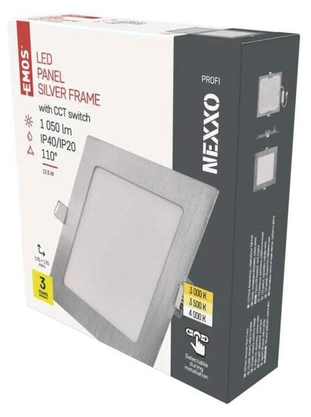 EMOS ZD2233 NEXXO - Podhledový stříbrný LED panel, 12,5W, 1050lm, 3000 + 3500 + 4000K, IP40/IP20, 17 x 17cm (Vestavné stříbrné čtvercové svítidlo do sádrokartonu se změnou barvy světla)