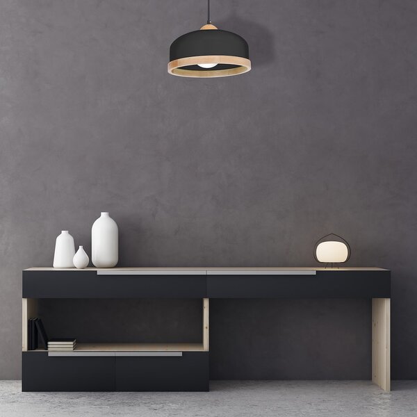 Závěsné svítidlo Studio, 1x dřevěné/černé kovové stínítko, (fi 32cm), b/br